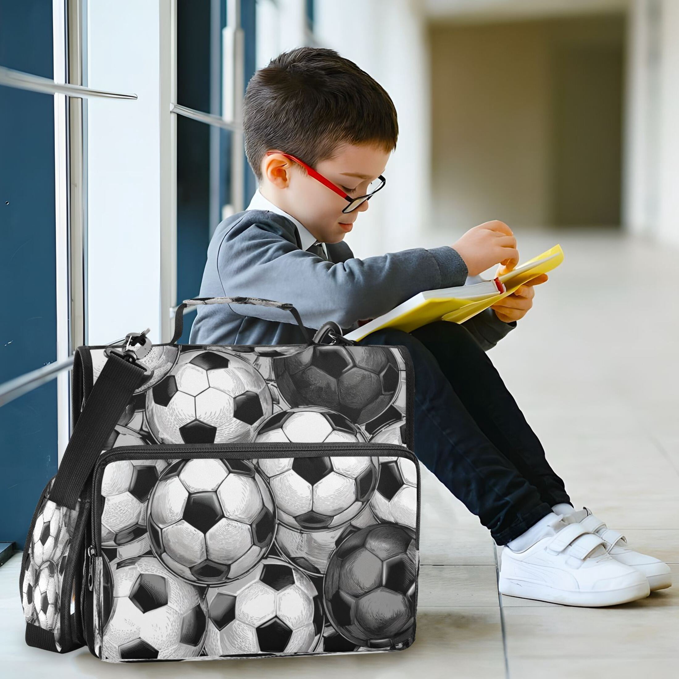 3 Ring Zipper Binder Stationery Organizer for Study Work Home Travel, All-Purpose File Folder Storage Bag for Daily Document Organization Vintage Soccer Ball Collage