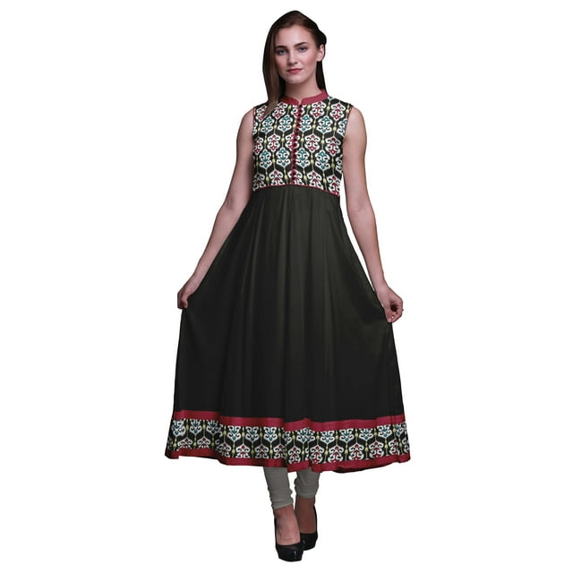 Bimba Black3 Ikat Imprimé Femme Designer Col Mandarin Robe Anarkali Ethnique Indienne Kurta Très Grand
