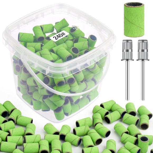 Rolybag 240 Grit Extreme Fine Nail Sanding Bands 200Pcs with 2Pcs Nail Drill Bits for Professional Manicures and Pedicures, Green