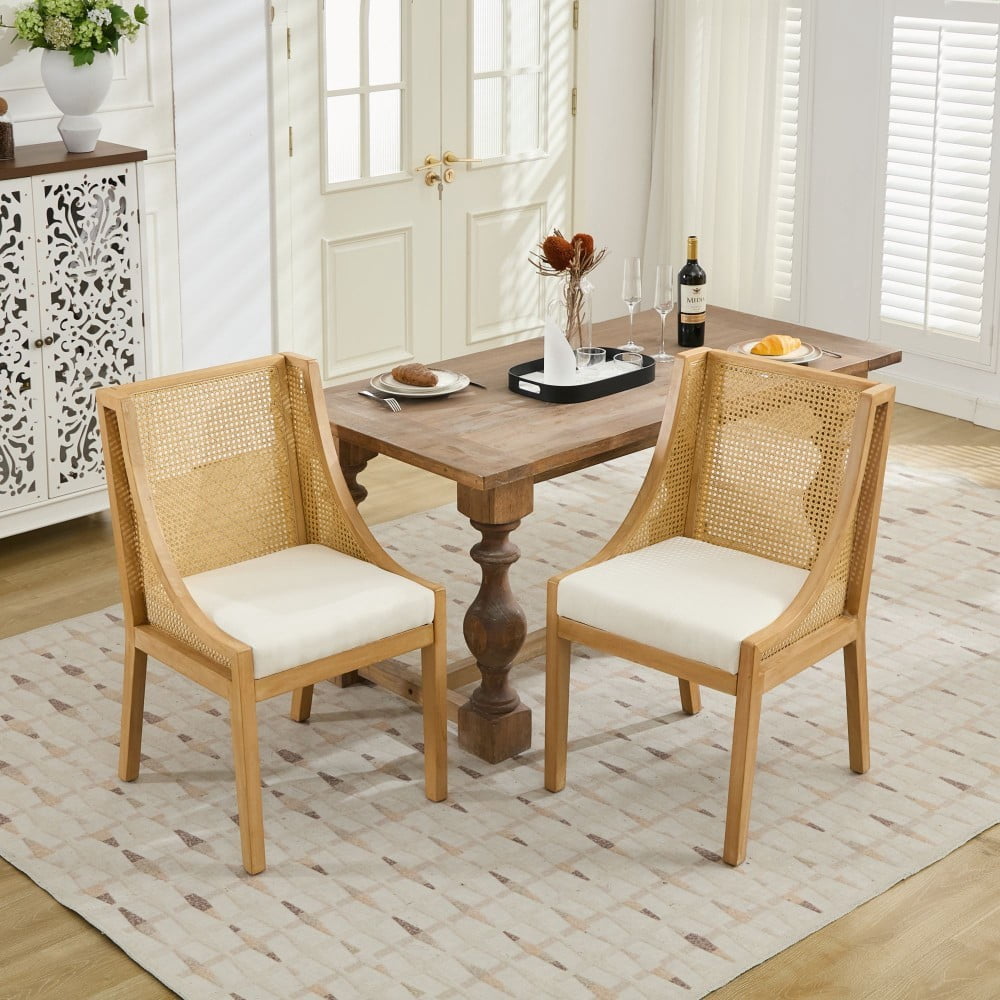 Rattan Dining Chair with Arms, Solid Wood Frame, Linen Upholstered Seat, Rustic Farmhouse Side Chair for Kitchen, Dining Room, Living Room, Beige
