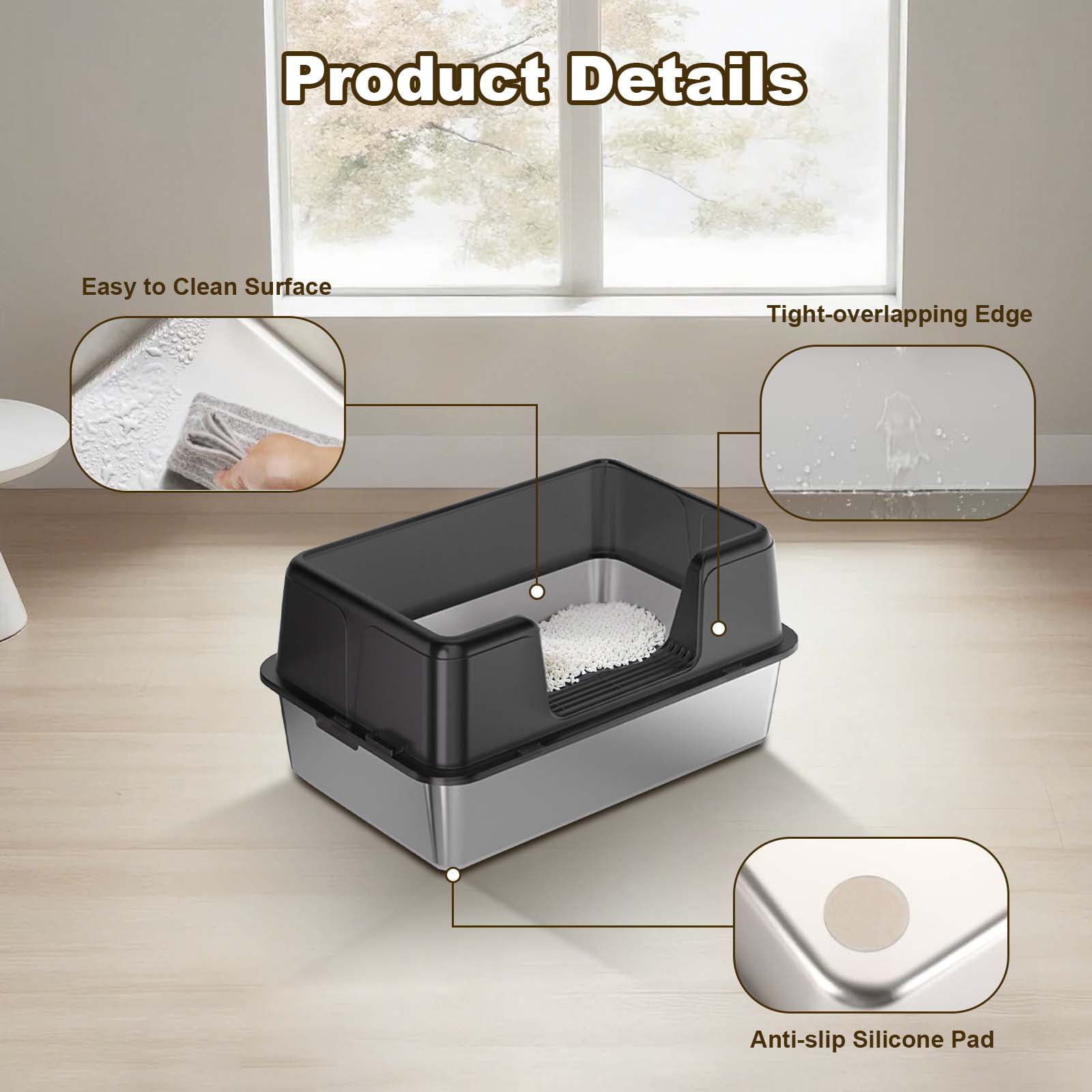 Stainless Steel Cat Litter Box with Lid – Leak-Proof & Scratch-Resistant Litter Box for Large Cats, Includes Anti-Slip Mat & Scoop, Easy to Clean