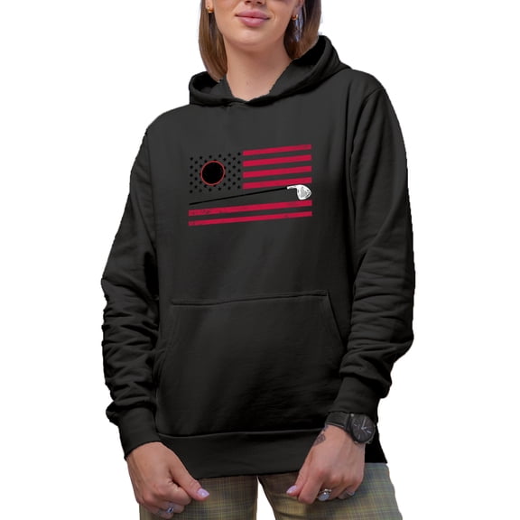 Distressed USA Flag with a Ball & Club, Golf Player, Golfing or Golfer Themed Merch Gift, Black Hooded Sweatshirt or Hoodie, Small