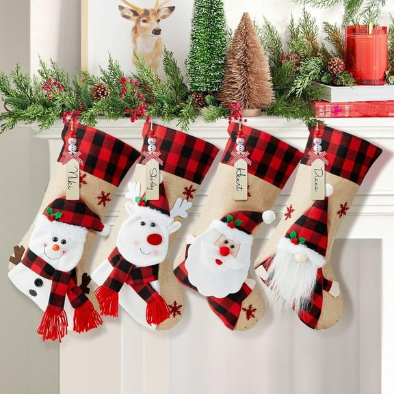 TETOU 4Pcs 18" Christmas Stocking, Burlap Plaid Xmas Stocking with Personalized Name Tag & 3D cartoon Character Santa Snowman Elk Gnome, Christmas Decoration for Indoor Family Kids Holiday Party