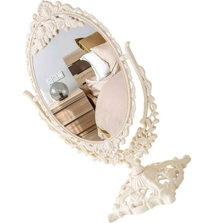 IBASETOY Vanity Mirrors With Lights,Portable Table Desk Mirror,Oval Royal Carved Mirror,Adjustable 360°Rotation Tavel Make Up Mirror