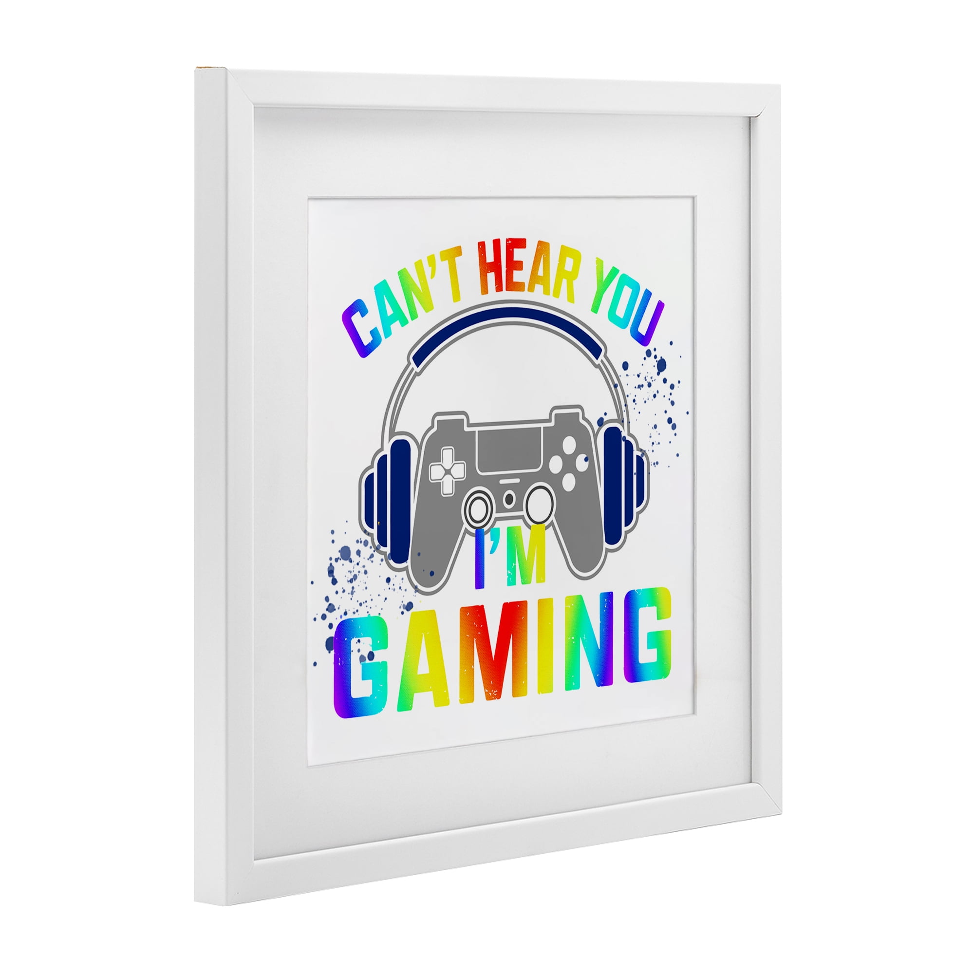Rainbow Can't Hear You Gaming White Framed Print Under Glass, design by Kim Allen