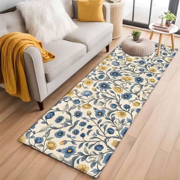 Vintage Blue Yellow Kitchen Runner Rug 2x6 Washable Runners for Hallway Non Slip Spring Enchanted Garden Florals Large Area Rug Indoor Floor Carpet for Bathroom Laundry Entryway Bedroom Living Room