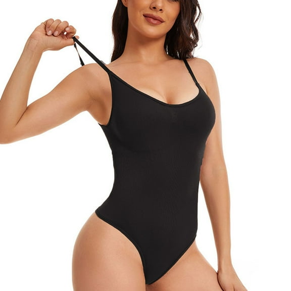 Defitshape Women's High Waisted Shapewear Bodysuit Thong Tummy Control Thong Firm Compression Deep V Neck Sexy Slimming Body Shaper Tight Seamless Wedding Bridal Black 12-14