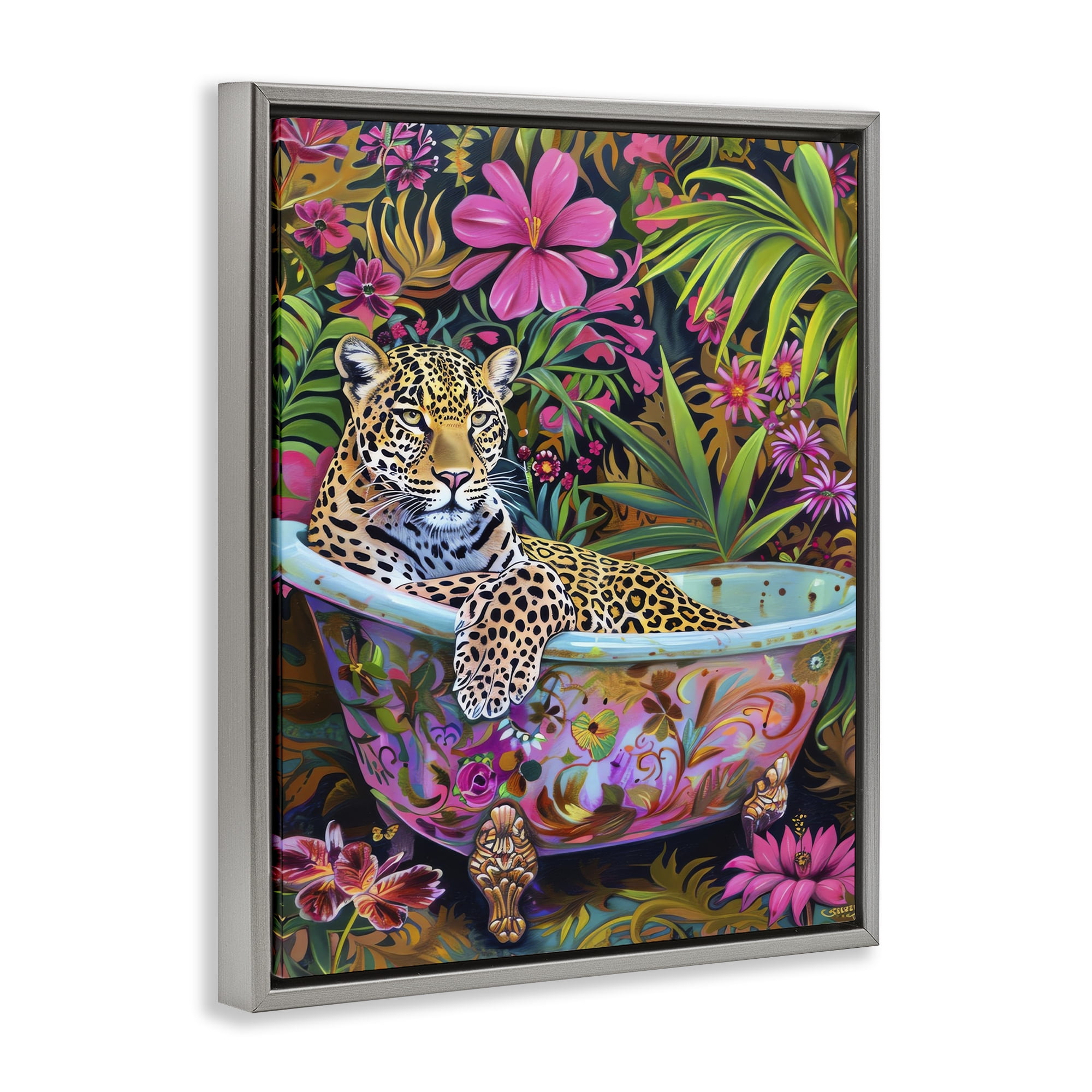 Stupell Industries Tropical Rainforest Leopard Tub Bath & Laundry Painting Gray Floater Framed Canvas Art Print Wall Art, 17 x 21