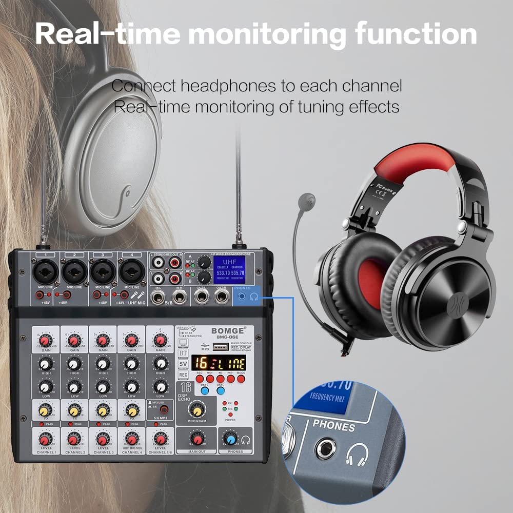 BOMGE 6 channel Audio DJ Console Mixer Soundcard with 2 Wireless Microphoneh,MP3,USB Bluetooth, 48V phantom for Home Studio Recording DJ Network Live Karaoke 16 Echo/Delay (06E-grey)