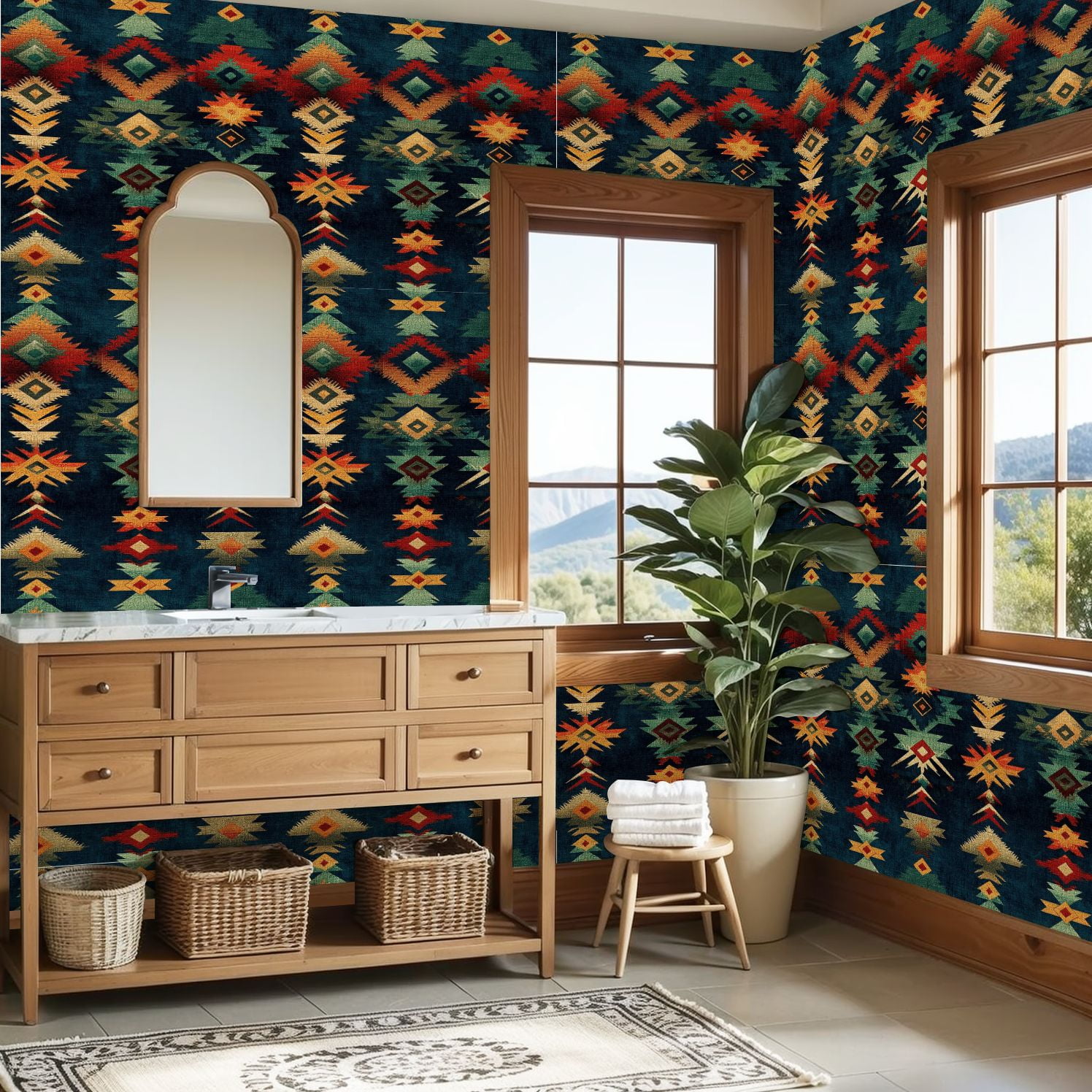 Peel and Stick Wallpaper Abstract Southwestern Geometric Bold Red Green Yellow Dark Blue Wall Mural 23.6in x 9.8ft Self Adhesive Removable Wall Paper Renter Friendly Wallpaper for Bedroom Cabinets