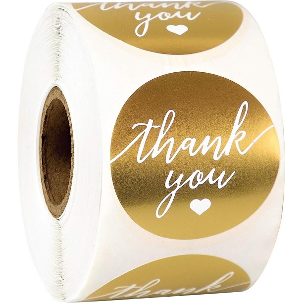 Thank You Label Sticker 1.5" Round With Gold And White Heart 500 Labels Per Roll, Thank You Sticker Gold For Birthdays, Weddings, Giveaways,showers