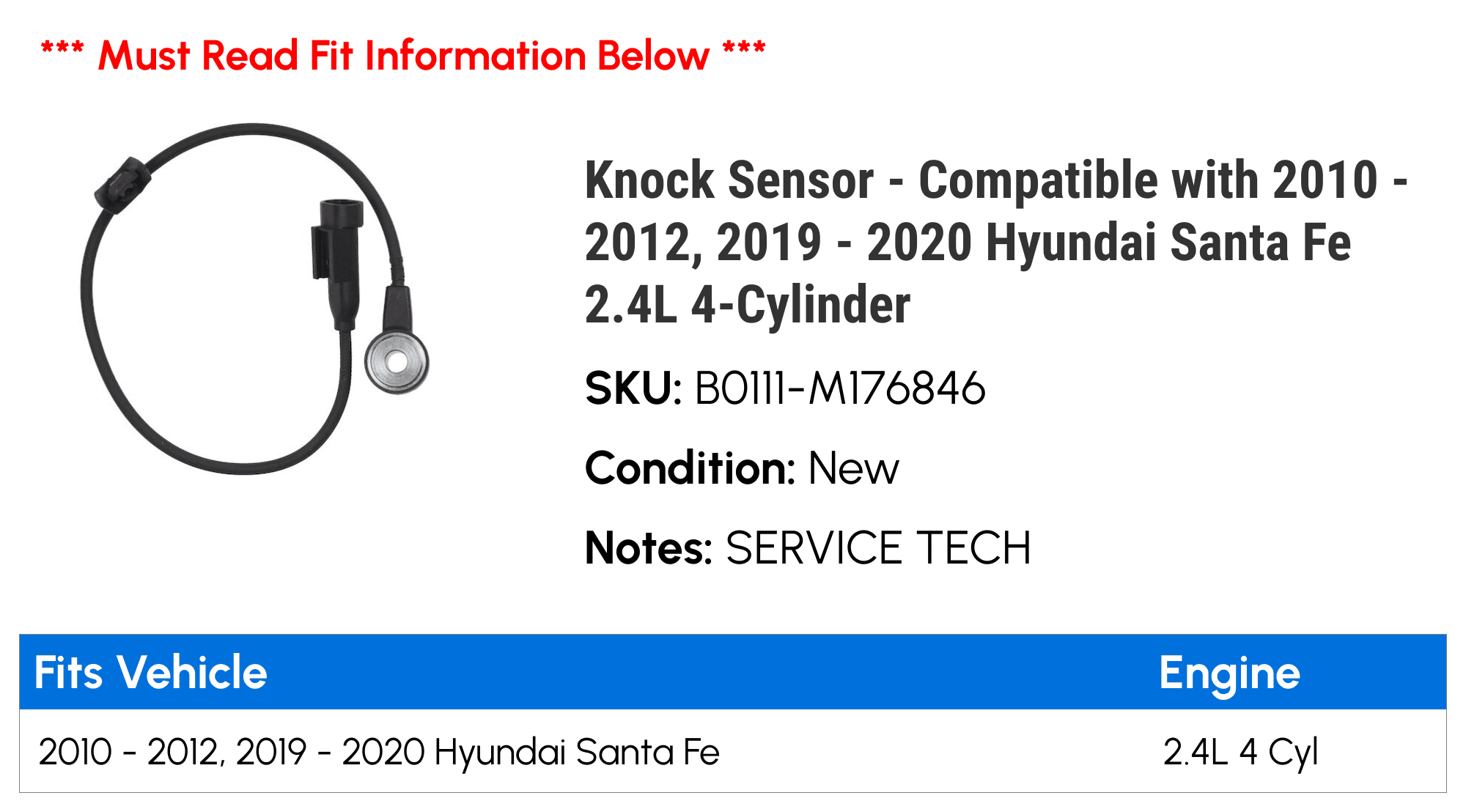 Knock Sensor - Compatible with 2010 - 2012, 2019 - 2020 Hyundai Santa Fe 2.4L 4-Cylinder 2011