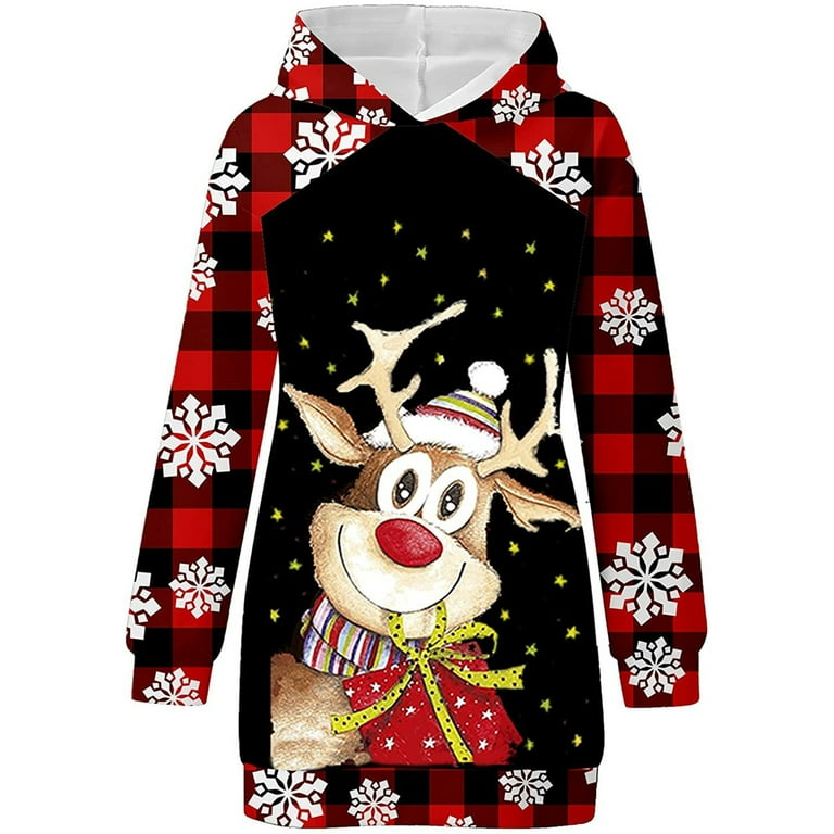 Hooded christmas reindeer sales and snowflake print hoodie