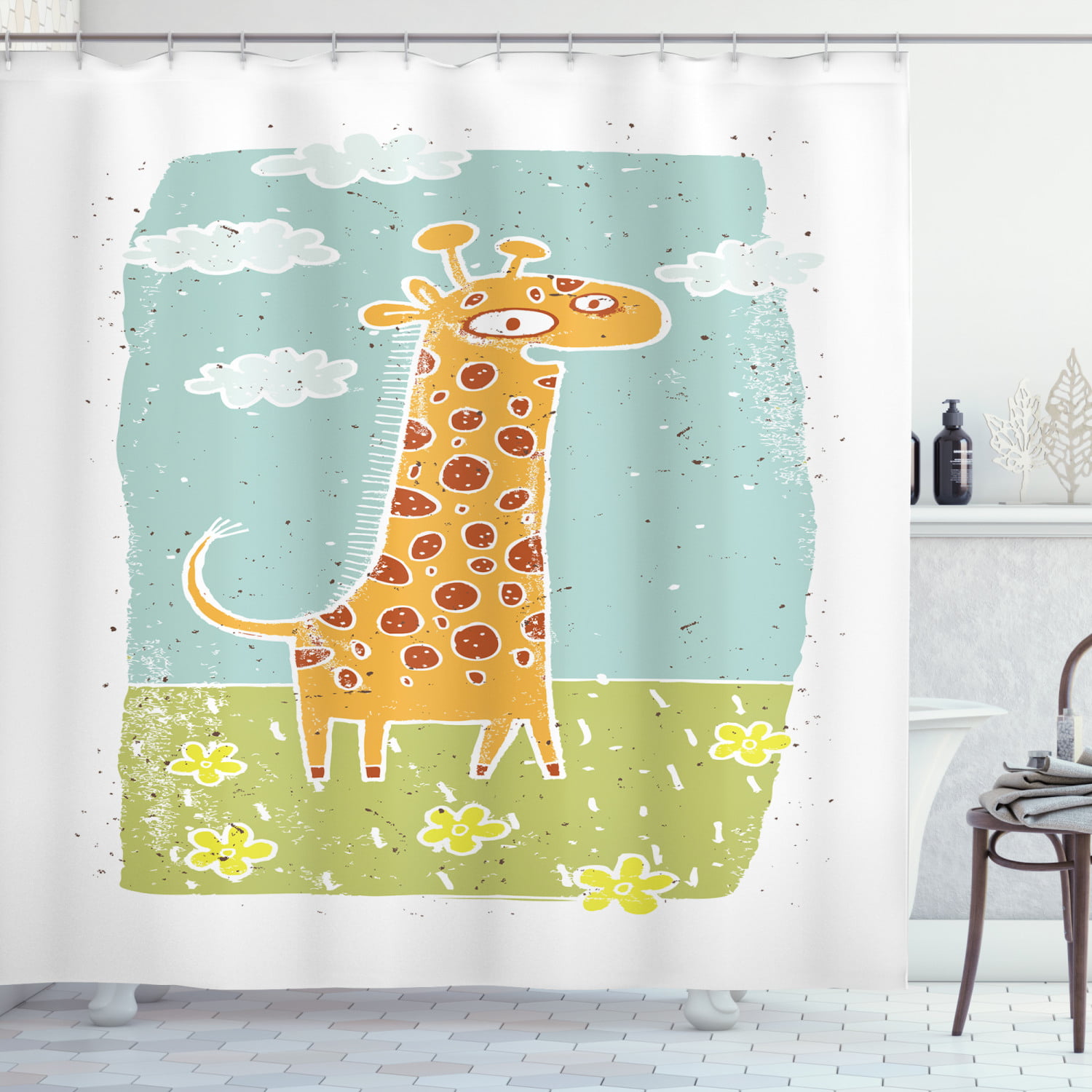 Cartoon Giraffe Broken Wall Shower Curtain Waterproof Fabric & Hooks Bathroom 