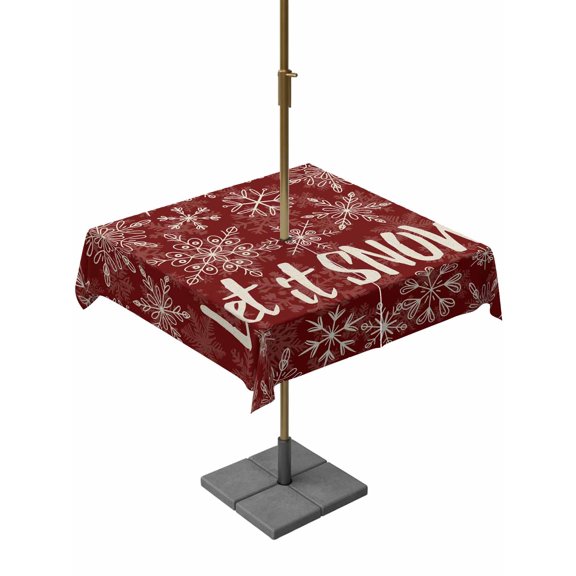 Outdoor Tablecloth with Umbrella Hole and Zipper, Christmas Snowflakes Square Table Cloth 54x54 Inch Waterproof Tablecloth, Winter Xmas Flower Textured Red Picnic Table Cover for Patio Camping