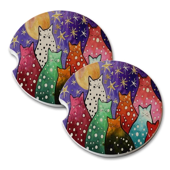 KuzmarK Sandstone Car Drink Coaster (set of 2) - Polka Dot Kitties with Moon and Stars Abstract Cat Art by Denise Every