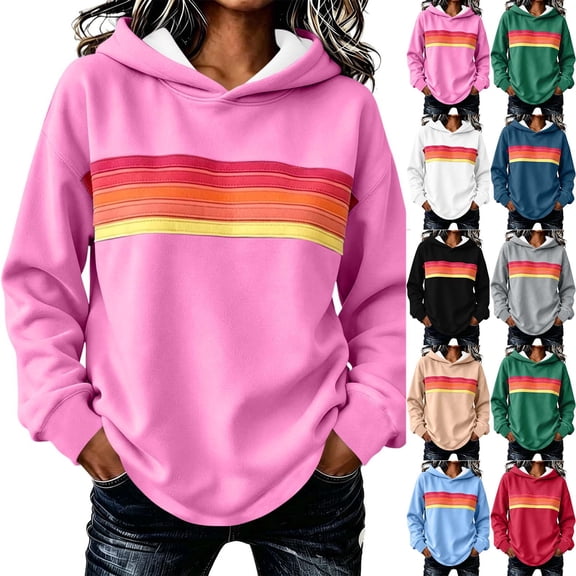 Women's Retro Stripe Hoodie Pullover Long Sleeve Colorful Casual Sweatshirt Top