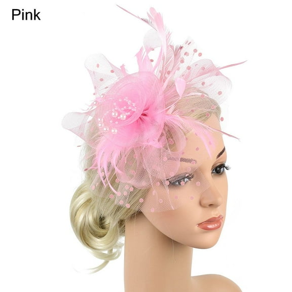 Stylish Wedding Cocktail Mesh Flower Tea Party Headband Feathers Hair Clip Alice Headband Clip Fascinator Hat PINK