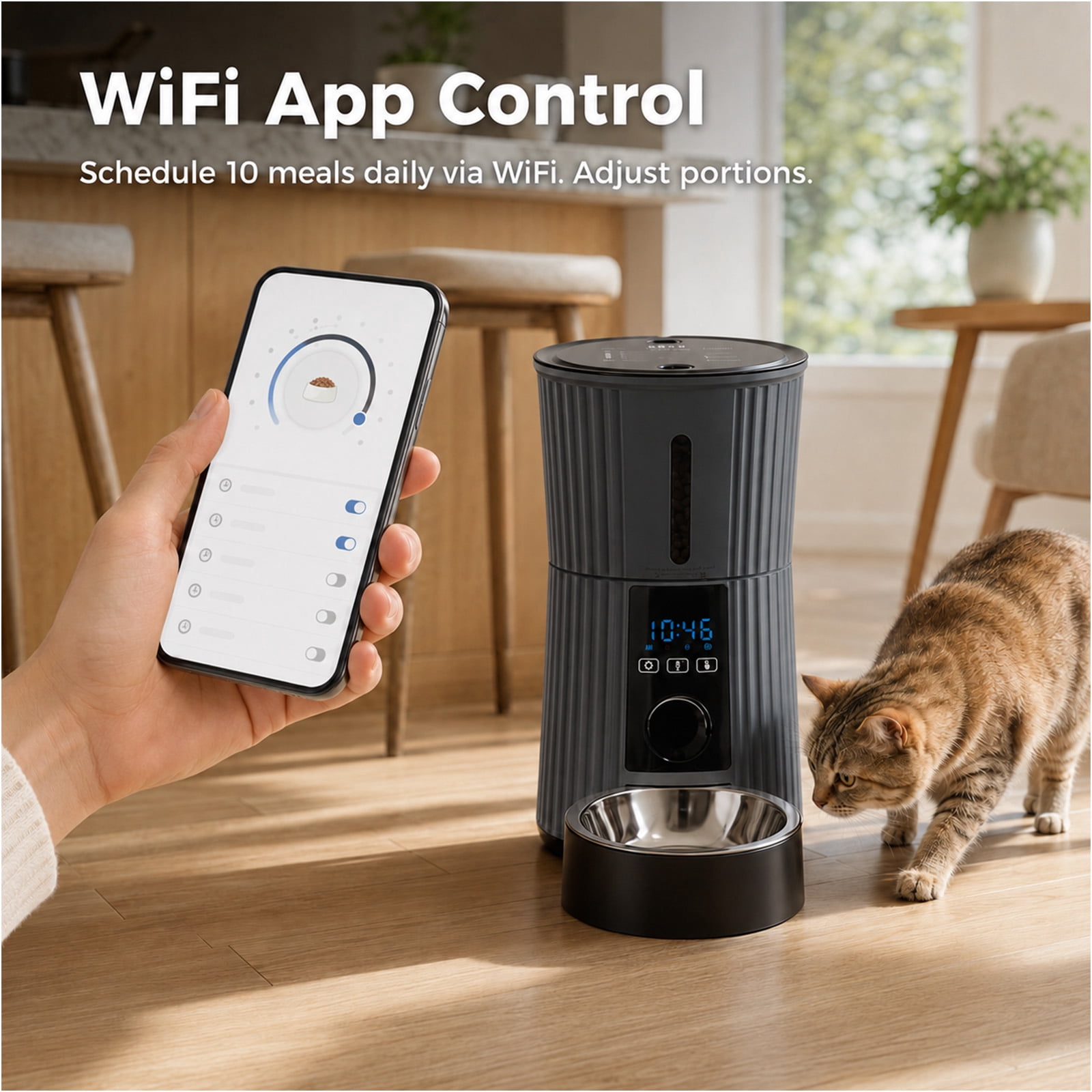 Alvantor Timed Automatic Cat Feeder, 4L Programable Dry Food Dispenser with Desiccant Bag Dual Power Supply 10S Voice Recorder, Smart Pet Feeder for Cats and Small Medium Dogs