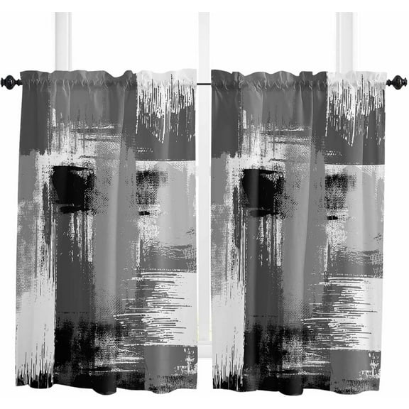 Oil Painting Black Grey Kitchen Curtains 63 Inch Length Curtains Drapes, Modern Geometric White Abstract Art Rod Pocket Window Curtains for Living Room/Bedroom, 52" x 63", 2 Panels