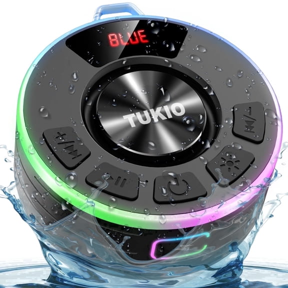 Tukio Bluetooth Shower Speaker, IPX7 Waterproof Portable Wireless Speaker with Suction Cup, 12H Playtime, 360° Sound, RGB LED, Hands-Free Calls, Mini Speaker for Bathroom Pool Beach Outdoor, Black