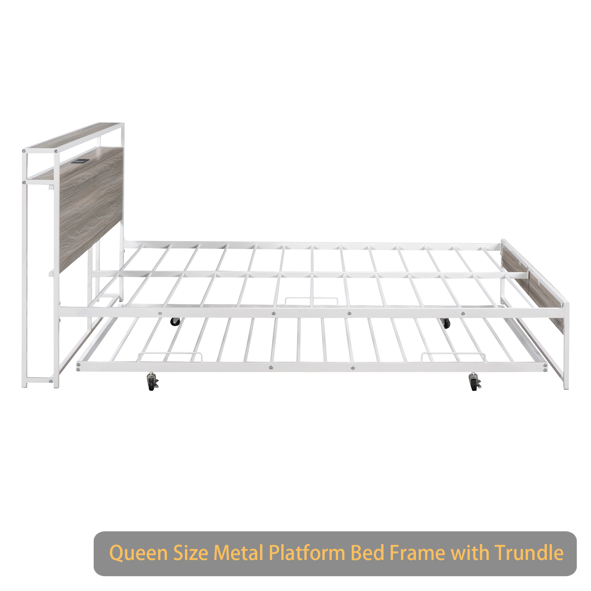 Queen Size Metal Platform Bed Frame with Trundle, USB Ports and Slat Support ,No Box Spring Needed White