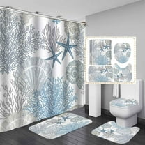 4PCS Blue Jellyfish Shower Curtain Sets with Rugs, Waterproof Fabric Shower Curtain, Ocean Sea Turtle Starfish Seahorse Dolphin Fish Marine Anchor Coral Nautical Beach Coastal Bathroom Decor