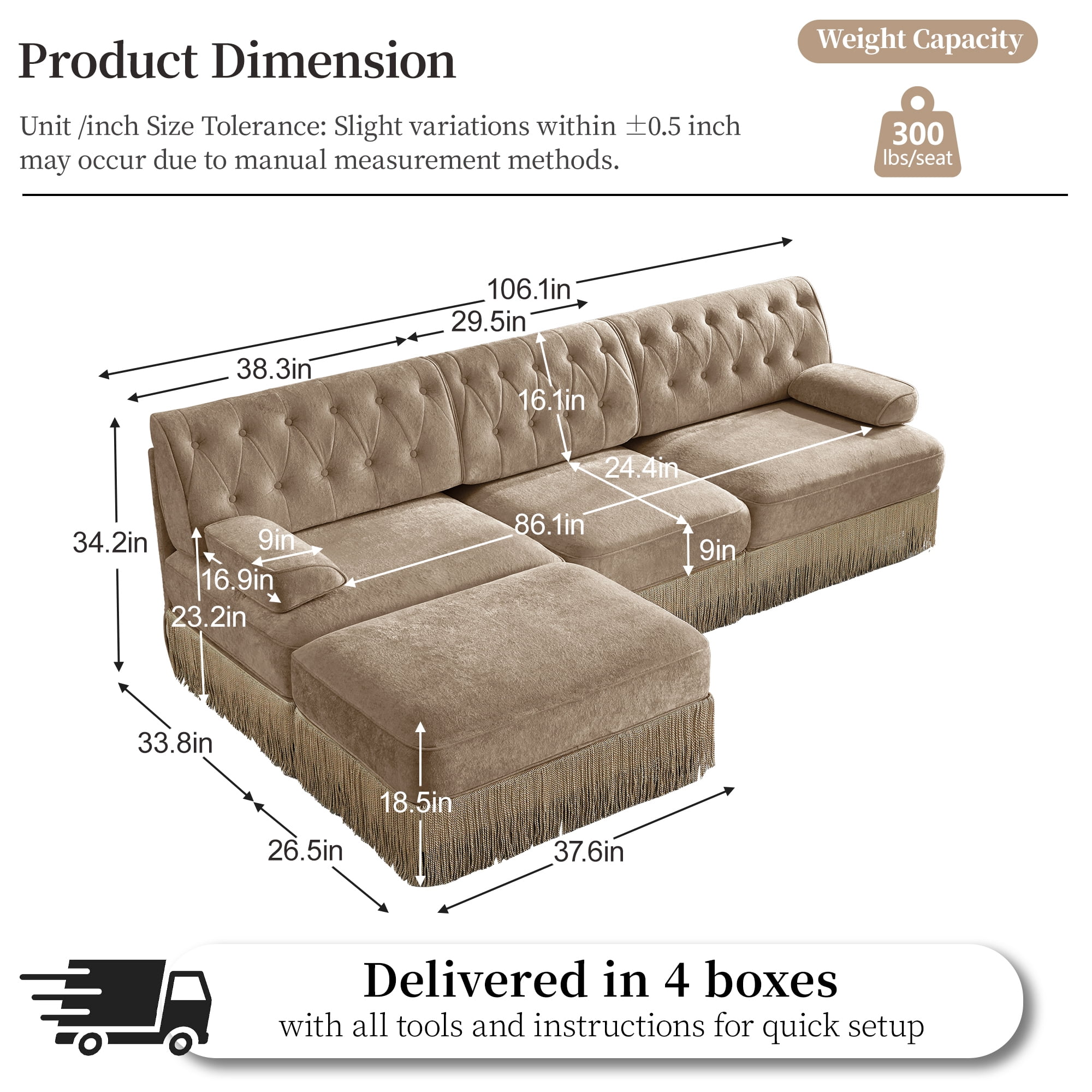 Alvantor L-Shaped Sectional Sofa 3-Seater Cloud Couch with Tassel Skirt,Button Tufted and Wooden Base for Living Room, Easy Assembly Camel