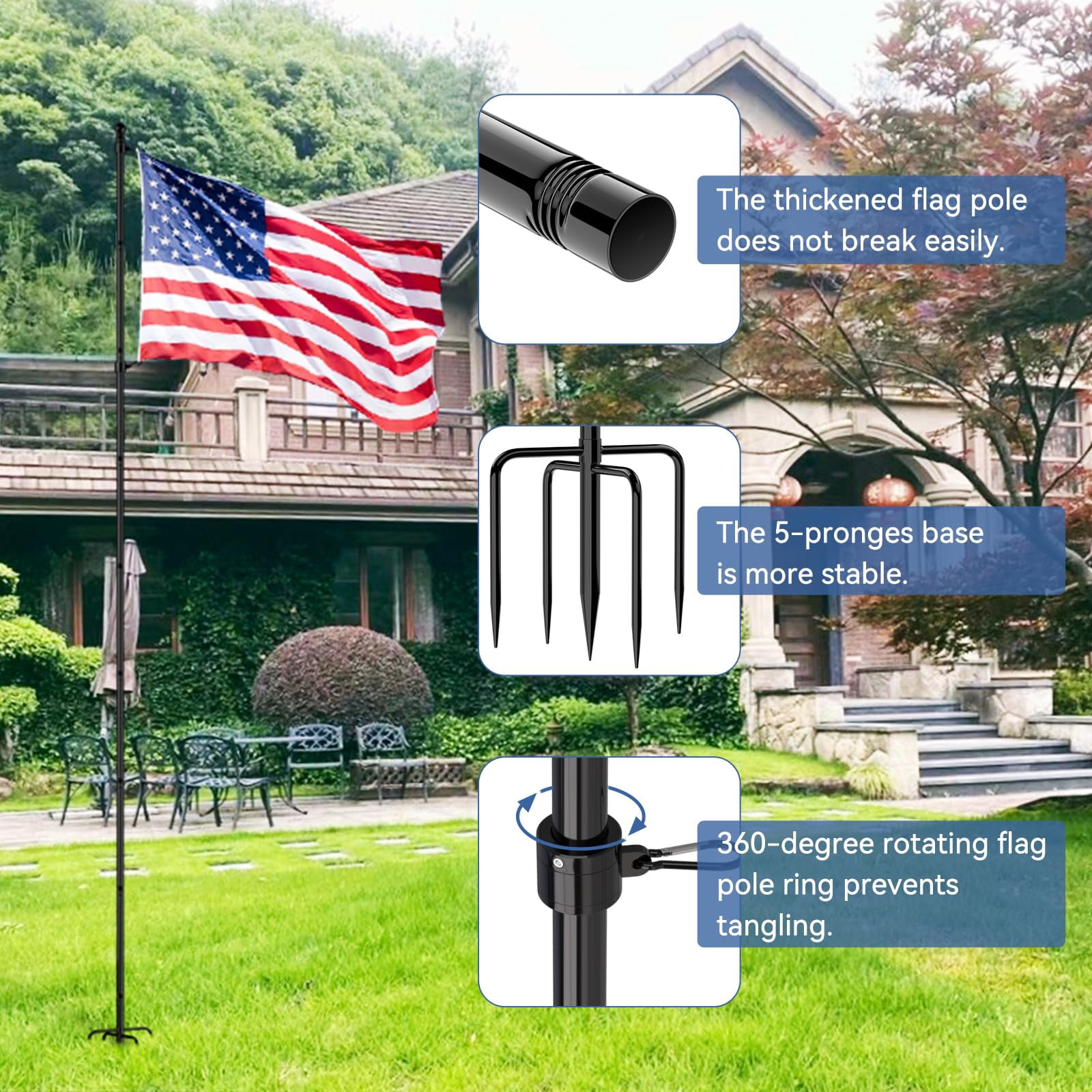 10 Ft Thickened Stainless Steel Flag Pole for Outside House with 5 Prong Base for Garden and Yard, Heavy Duty Flag Pole, Extra Thick Flag Pole Kit