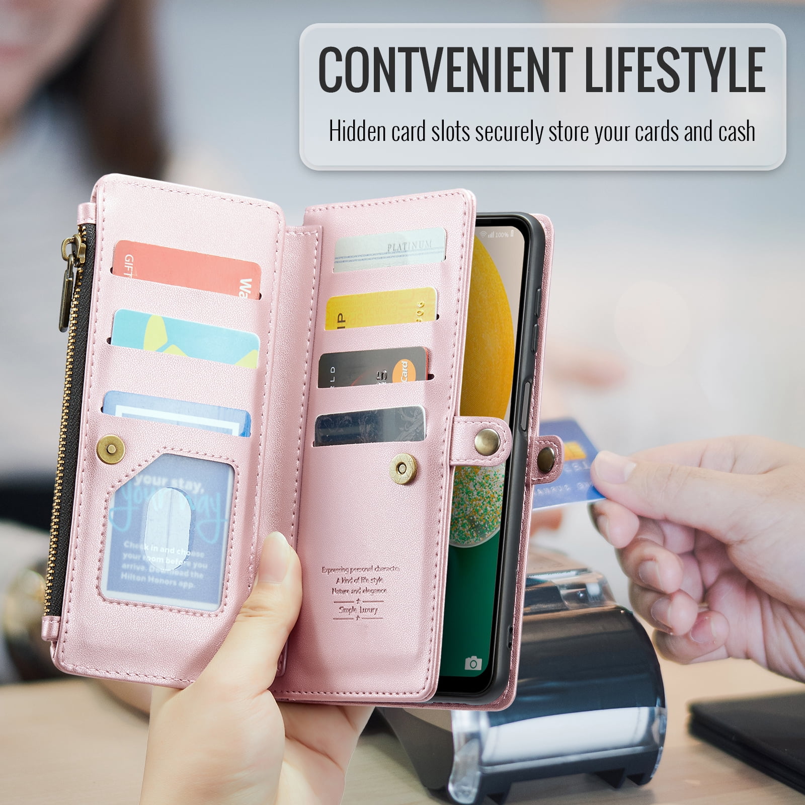 Compatible with Samsung Galaxy A13 5G Zipper Wallet Phone Case Tempered Glass Screen Protector Crossbody Lanyard Strap Flip Card Holder Slot Cell Cover for A04S M13 A13 2022 13A A135G Women Rose Gold