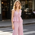 thumbnail image 6 of Quixlent Women's Striped 2 Piece Outfits Tie Front Ruffle Tank Top And Wide Leg Pants Sets Summer Casual Sleeveless Lounge Sets, 6 of 8