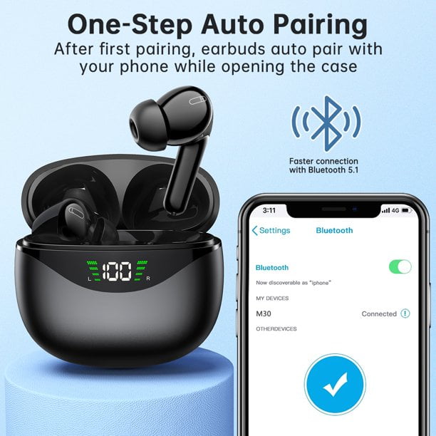 Wireless Earbuds 5.1 Headphones 30Hrs Playtime with LED Power Display IPX7 Waterproof Earphones One Step Pairing TWS in Ear Stereo Headset