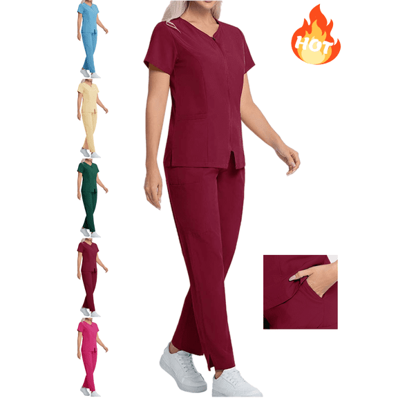Mifsaly Nursing Scrubs for Women Sets 2026 Zip up Short Sleeve Tops Soild Color Scrub Set High Waist Pants Doctors Nurse Uniform Lightweight Breathable Workwear XL