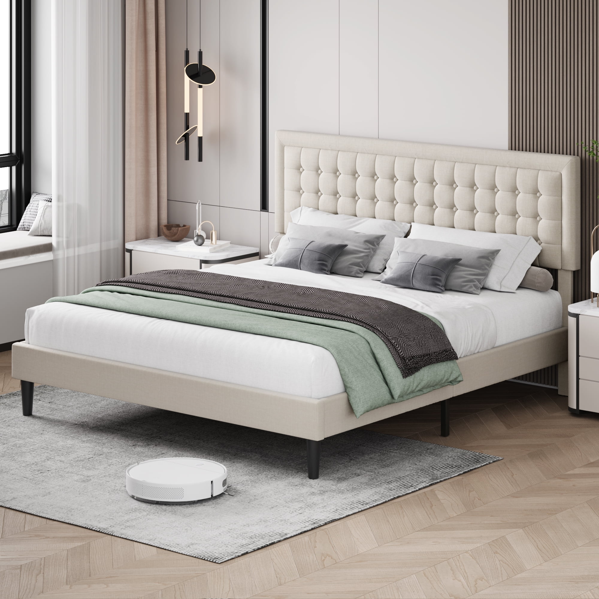 Homfa Queen Size Bed, Button PU Leather Upholstered Platform Bed