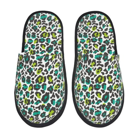 Balery Green Leopard Slient Indoor Furry Fleece Comfort House Shoes Soft Non-Slip Home Shoes Cotton slippers House Slippers-- Large