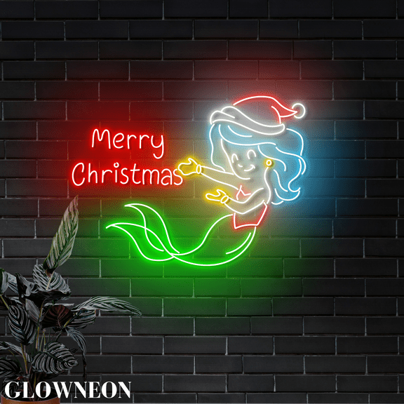 Glowneon Mermaid Merry Christmas Neon Wall Decor, Christmas Day Decor