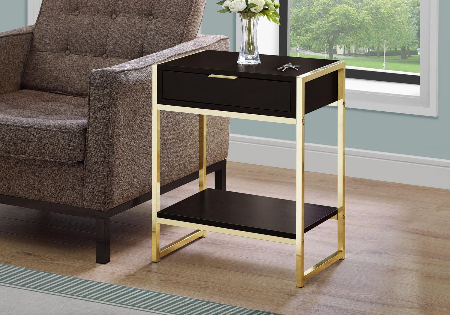 Monarch Specialties Accent Table, Side, End, Nightstand, Lamp, Storage Drawer, Living Room, Bedroom, Brown Laminate, Gold Metal, Contemporary, Modern