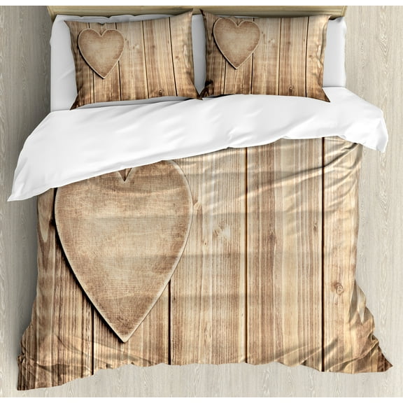 Valentines Day Duvet Cover Set, Rustic Heart over Wooden Planks Background Lovers Corner Romantic Celebration Print, Decorative 3 Piece Bedding Set with 2 Pillow Shams, Calking Size, Tan, by Ambesonne