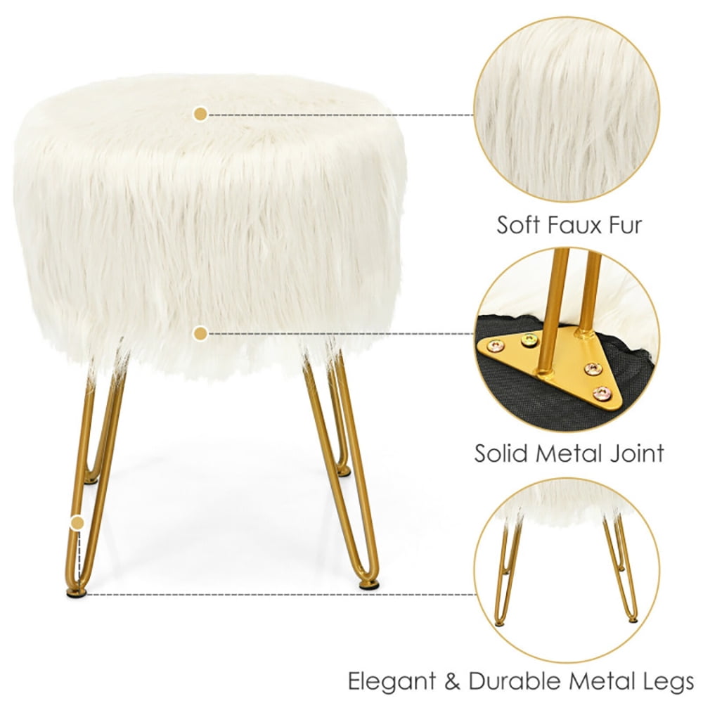Finihen Faux Fur Vanity Stool Chair, Footstool Ottoman, Fluffy Chair with with Metal Legs, Makeup Stool, Decorative Furniture Footrest, for Living Room, Bedroom, White Finihen Faux Fur Vanity Stool Chair, Footstool Ottoman, Fluffy Chair with with Metal Legs, Makeup Stool, Decorative Furniture Footrest, for Living Room, Bedroom, White
