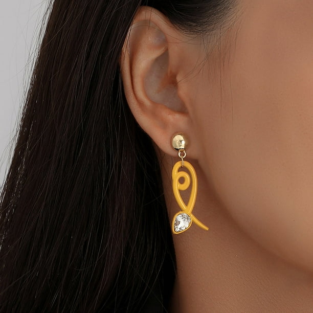 HomeKingdee 2 Pcs Yellow Plastic Fishtail Water Drop Line Earrings with Diamond - Cute Small Fresh Fashion Earrings for Women for Wedding Anniversary Christmas Valentine Birthday Thanksgiving Gift