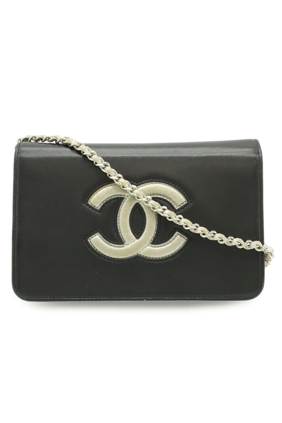 Pre-Owned CHANEL Coco Mark Wallet Chain Shoulder Bag Pouch Leather Black Metallic Silver
