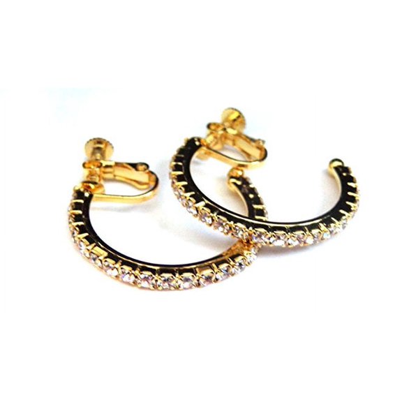 Clip Earrings 1 inch Hoop Crystal Pave Gold Tone Hoop Earrings