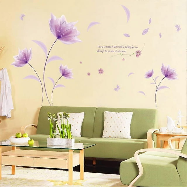 Romantic Beautiful Purple Flower in The Wind Removable Wall Sticker Decal, Living Room Bedroom Home Decoration Adhesive DIY Art Wall Mural