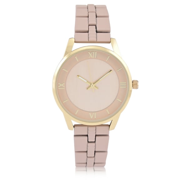 Time and Tru Adult Women's Gold-Tone Round Case Wristwatch with Light Pink Faux Ceramic Link Bracelet.