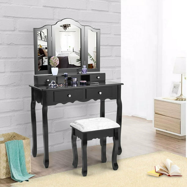 Lowestbest Vanity Desk With Tri Folding Mirror Makeup Vanity Set With Cushioned Stool Wooden Vanity Table For Girls Cushioned Stool Gift For Women Black Walmart Com Walmart Com