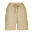 thumbnail image 3 of Summer Womens Cotton Shorts Solid Color Casual Shorts Elastic Waist Drawstring Straight Leg Shorts with Pockets Khaki,L, 3 of 5