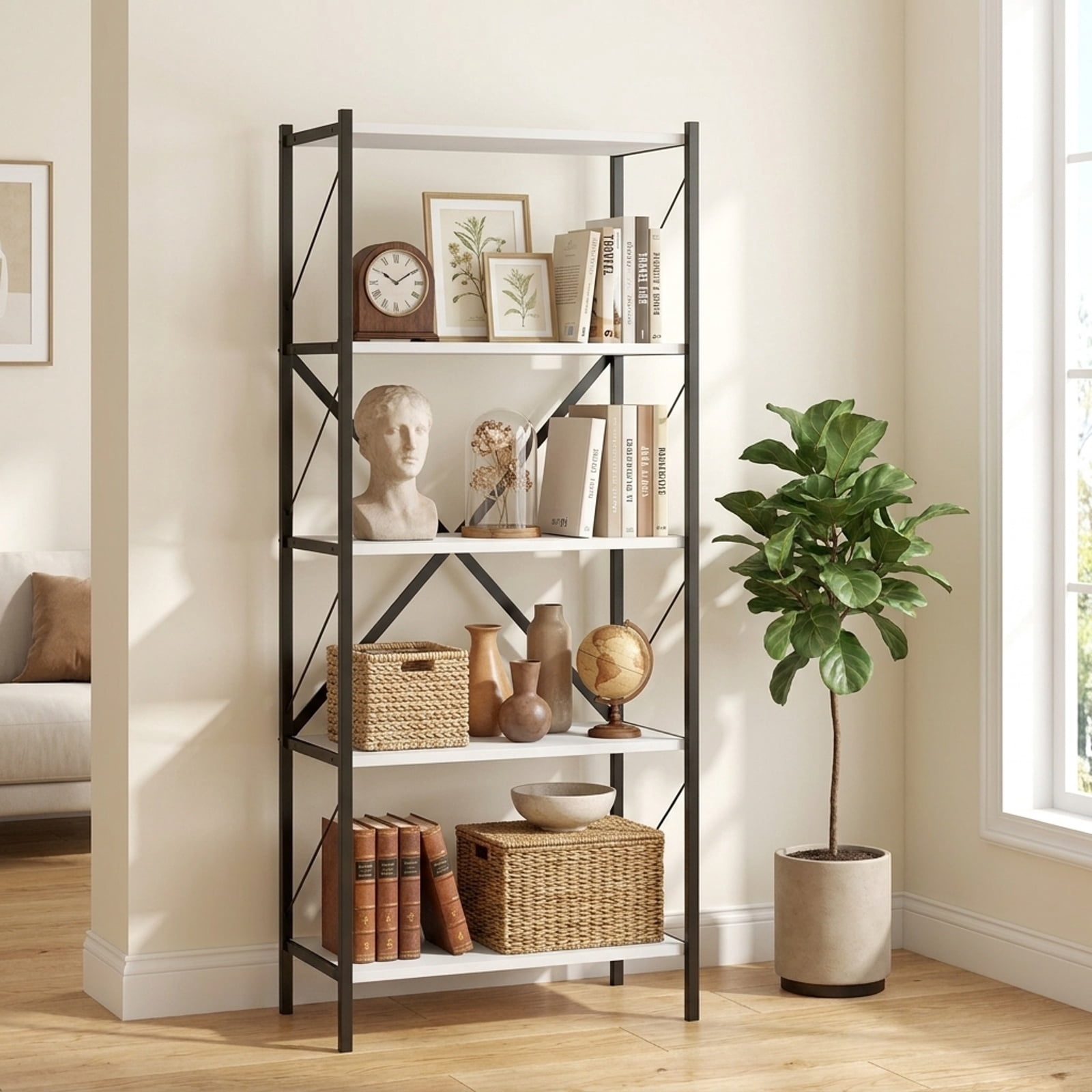 Furnibear 5-Tier Tall Bookshelf Industrial Bookcase with Heavy-Duty Metal Frame Modern Storage for Living Room Home Office Bedroom Display, White