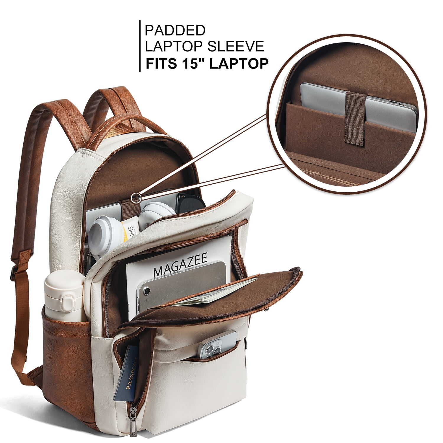 Versatile 30L Faux Leather Backpack Purse for Women & Men, Multi-Use Travel Work Laptop Backpack Bookbag, Fits 15.6" Laptop - Beige