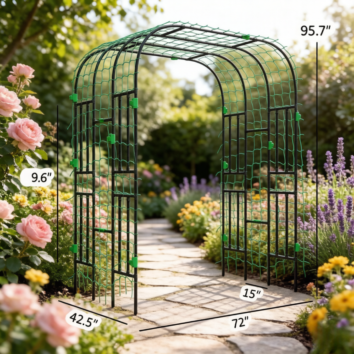 FENGFAN Two-Arch Garden Trellis, 72" PE Coated Steel Climbing Plant Arch Support with Net for Cucumber Tomato Outdoor Garden