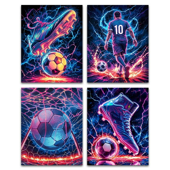 Cool Football Canvas Prints,Abstract Football Posters,Neon Boys Football Themed Bedroom Wall Prints,Set of 4 Soccer Sports Wall Art Canvas Prints for Man Bedroom Wall Decor(No Frame,8x10inch)